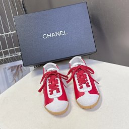 CHANEL Red White Low-Top Sneakers Suede Leather Kids
